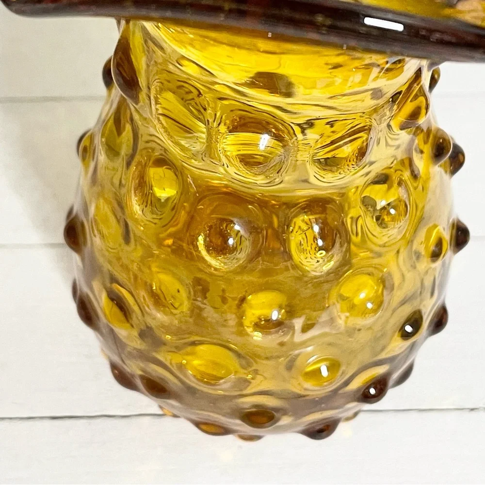 Vintage Honey Amber Marigold Hobnail Glass Ruffle Edged Vase